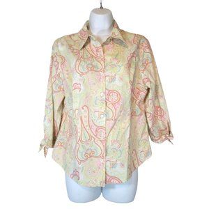 Emma James LIz Claiborne Button Front Paisley Yellow Pink Shirt 12